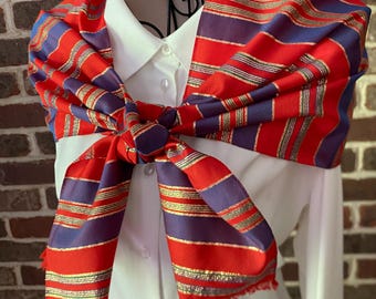Vintage Striped Metallic Scarf with Eyelash Fringe | Red Purple and Gold Lurex Maximalist Stripes