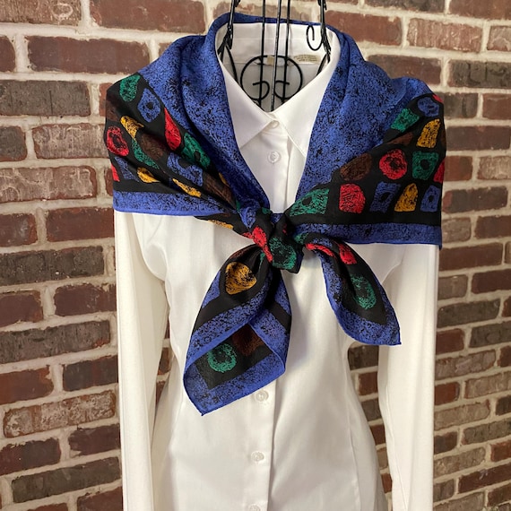 Vintage Albert Nipon Silk Scarf Cobalt Blue Large Square Scarf Abstract Geometric Design Scarf French Designer Scarf
