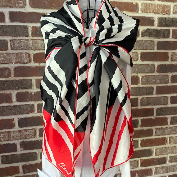 Vintage Brumel Silk Scarf Tear Print in White, Black and Red Stripes, Long Oblong Silk Scarf