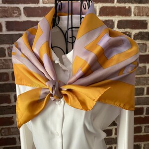 Vintage Preppy Geometric Scarf – Gold & Violet Box Print Square Scarf, Retro Mod Style
