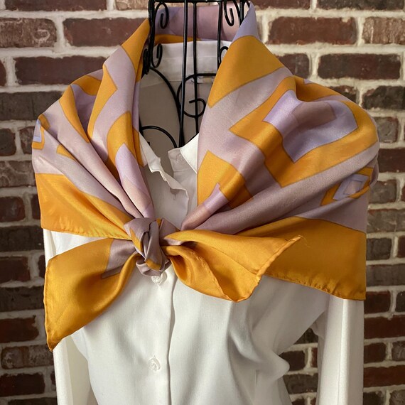 Vintage Preppy Geometric Scarf – Gold & Violet Box Print Square Scarf, Retro Mod Style