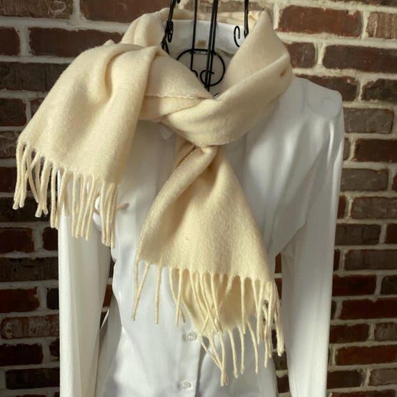 Vintage Cashmere Scarf Creme – Vanilla Girl Style, Oblong Scarf with Fringe, Made in Germany for Lord & Taylor