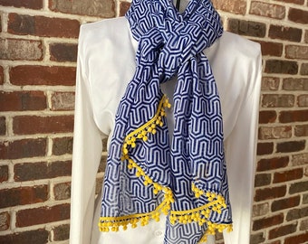 Vintage Grecian Style Scarf, Blue and White with Yellow Pom Pom Trim