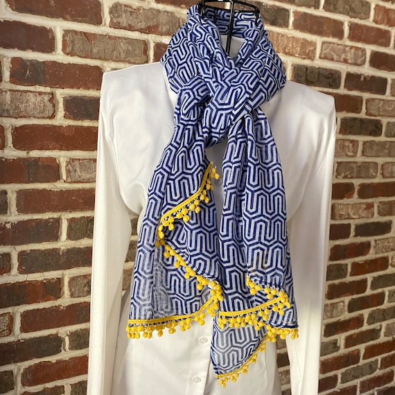 Vintage Grecian Style Scarf, Blue and White with Yellow Pom Pom Trim