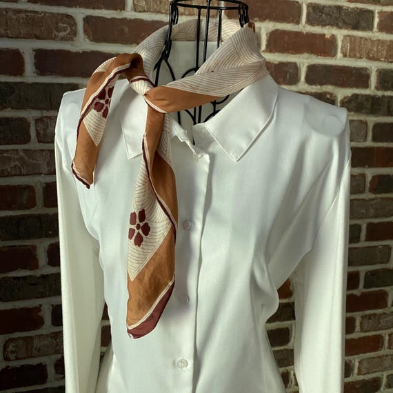 Vintage Burmel Silk Scarf – 80s Nostalgia Caramel Floral & Wave Print, Square Scarf with Preppy Style