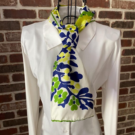 Vintage Vera Neumann Silk Scarf – Mod Oblong Scarf with Floral Vase Print, Neon Green, Navy & White, Hand Rolled Green Edges