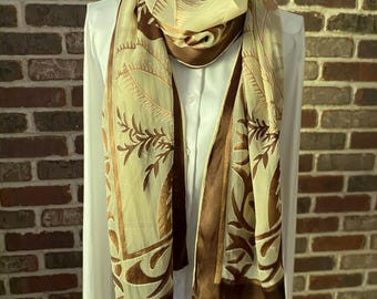 Vintage Satin Burnout Scarf Italian Style Leaf & Scroll Design | Elegant Baroque Luxury Evening Wrap
