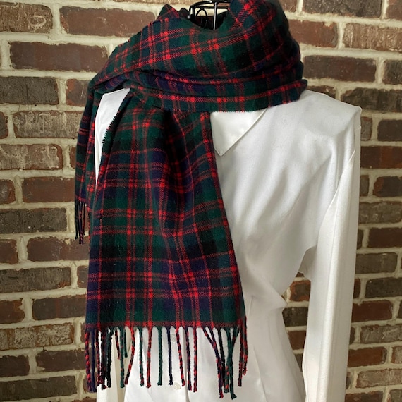 Distressed Vintage 100% Cashmere Parochial Plaid Scarf Celtic Tartan Scarf Classic Plaid in Blue, Red, Green with Fringe By Vineyard Vines