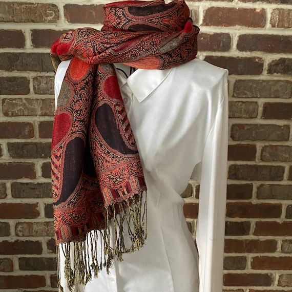 Paisley Bohemian Pashmina Style Shawl, Luxurious Orange, Green and Black Scarf with Green Fringe Boho Style Scarf