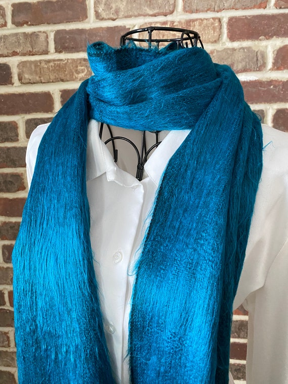 Vintage Turquoise Alpaca Wool Scarf, Unique Artisan Weave Scarf, Made in Ecuador