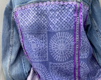 Upcycled Denim Jacket XL Oversized Jean Jacket Boho Silk Mandala Lotus Pattern