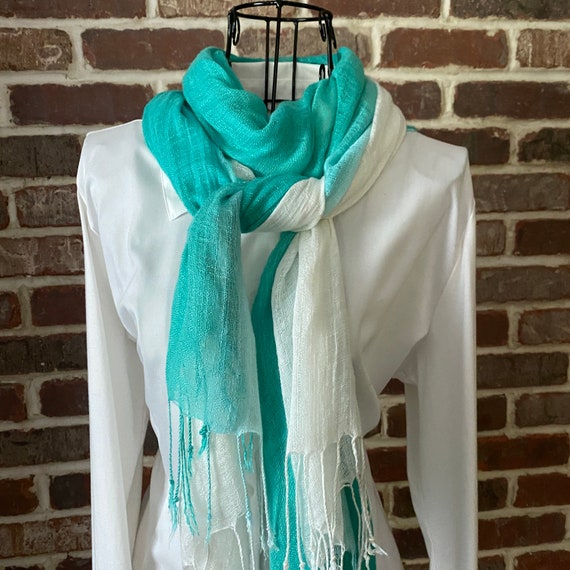 Vintage Ocean Blue and White Ombre Gauze Scarf with Fringe