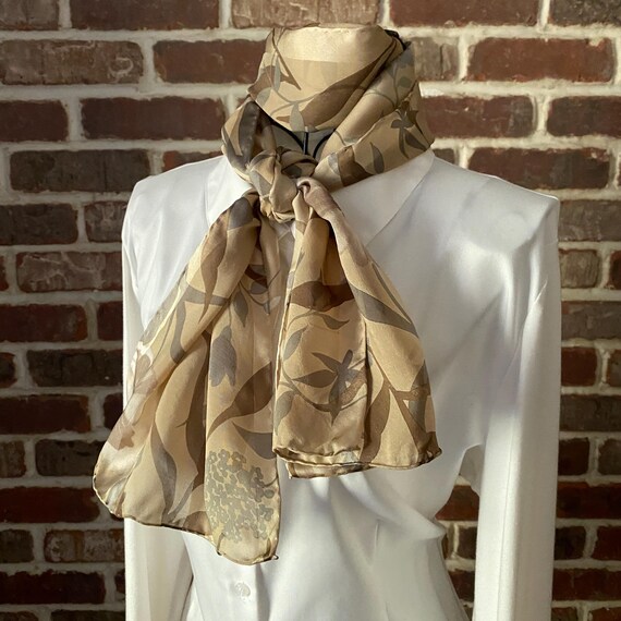 Vintage Silk Scarf Vanilla Girl Style – Neutral Latte Oblong Scarf, Forest Design, Sheer & Opaque Textures
