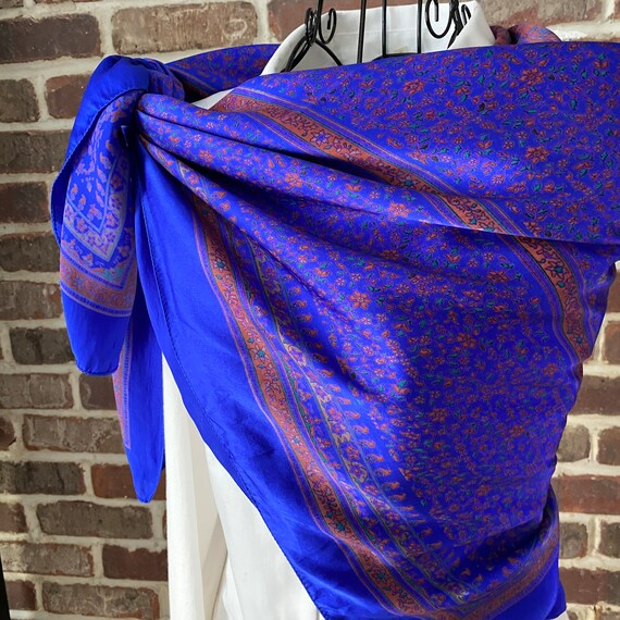 Vintage Luxurious Indian Silk Square Shawl, Cobalt Blue, Intricate Center Rose Design