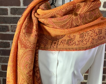 Vintage Burnt Orange Pashmina Style Scarf, Luxurious Design Shawl with Fringe