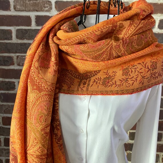 Vintage Burnt Orange Pashmina Style Scarf, Luxurious Design Shawl with Fringe