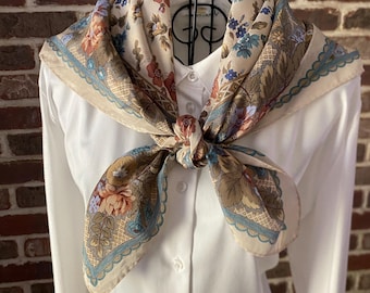 Vintage Silk Scarf, Romantic Floral Print, Cottagecore Fashion, Lightweight Neck Scarf, Elegant Hair Accessory
