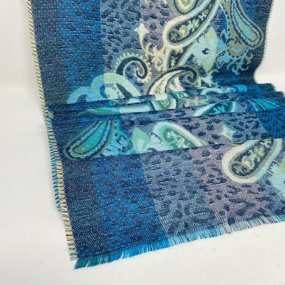Vintage Cashmink Paisley Scarf, Ocean Blue Ombre Cheetah Print Scarf Oblong Scarf with Raw Edges Extremely Soft Scarf
