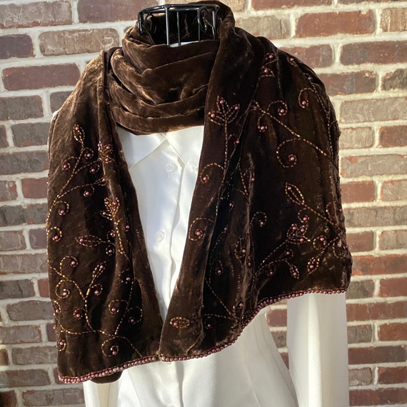 Vintage Fraas Chocolate Velvet Scarf, Floral Beading Double-Sided Velvet Scarf, Oblong Scarf