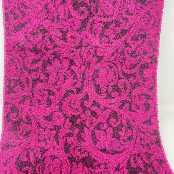 Vintage Italian Style Scarf Ombre Fleece Scarf, Cherry Red with Black Scroll Print and Fringe Ski Scarf