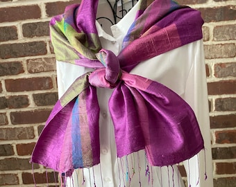 Vintage Handwoven Raw Silk Scarf: Purple Green Boho Fringe Wrap