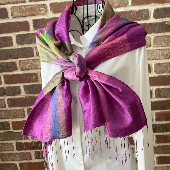 Vintage Raw Silk Scarf with Silk Fringe, Purple and Green Silk Scarf, Light Weight Scarf