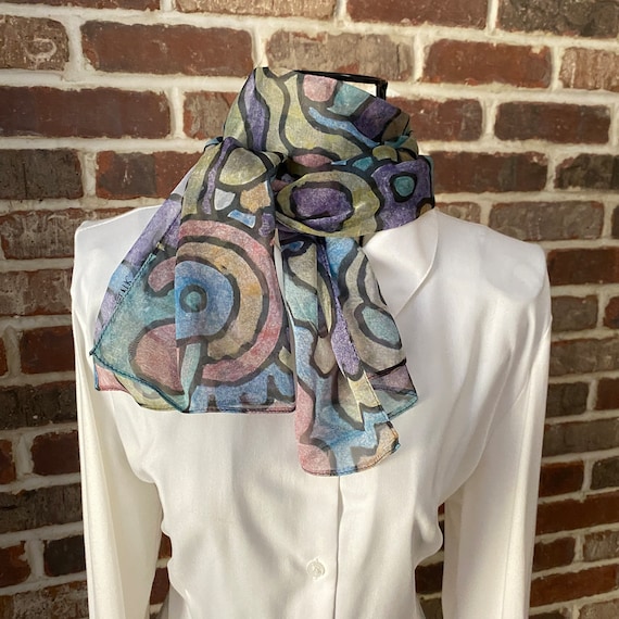 Super Graffiti Print Scarf, Hand Colored Sheer Scarf, Art Wear Scarf by ElectrickInk