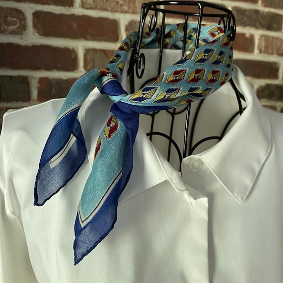 Vintage Escher Style Blue Geometric Silk Scarf – Square Neck Scarf with Box Pattern, 80s Art-Inspired Design
