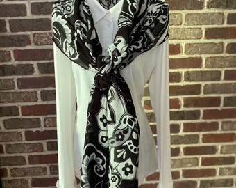 Vintage Vera Bradley Oversized Black and White Paisley Scarf | Large Boho Floral Shawl / Sarong