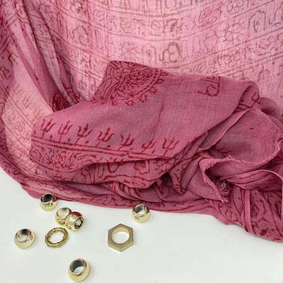 Vintage Sanskrit Print on Extra Soft Cotton Rose Scarf Bohemian Style Scarf Bindi Henna Designs Large Shaw with Raw Edge Fringe