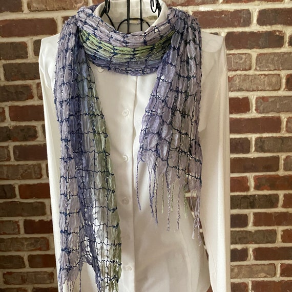 Boho Style Vintage Silk Waffle Weave Rustic Scarf, Purple and Sage Green Confetti Scarf with Fringe
