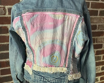 Cottagecore Upcycled Denim Jacket: Tie-Dye Silk, Pearl Bead Trim, Size XS