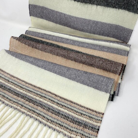 Vanilla Girl Vintage Stripped Fleece Ski Scarf, Beige and Brown Reversible Scarf with Beige Fringe Casual Style