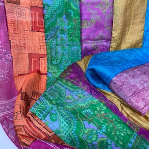 Vintage Patchwork Sustainable Silk Scarf, Extra Long Boho Silk Scarf Recycled Silk Scarf Maximalist Scarf