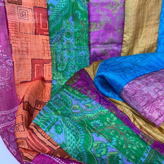 Vintage Patchwork Sustainable Silk Scarf, Extra Long Boho Silk Scarf Recycled Silk Scarf Maximalist Scarf