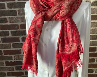 Vintage Tapestry Scarf – Red Boho Shawl with Distressed Jacquard & Frayed Fringe Pashmina