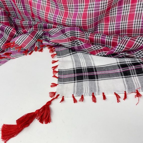Vintage Plaid Cotton Scarf Red, Pink, Purple Black Tartan Print with Tassel Fringe Corners Bedouin Style Red Fringe All Around Square Scarf