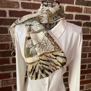 Vintage Animal Jungle Print, A Cacophony of Tigers, Zebras, Cheetahs, Giraffes -- Beige and Black Oblong Scarf