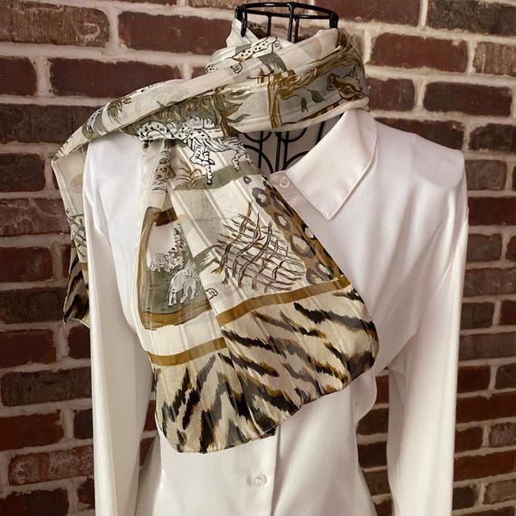 Vintage Animal Jungle Print, A Cacophony of Tigers, Zebras, Cheetahs, Giraffes -- Beige and Black Oblong Scarf