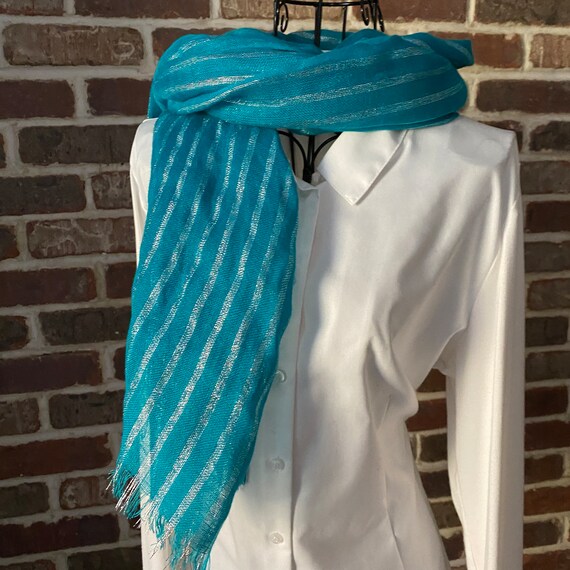 Vintage Turquoise and Silver Thread Oblong  Scarf, Blue Stripped Scarf with Fringe, Turkish Style Scarf, Unisex Scarf