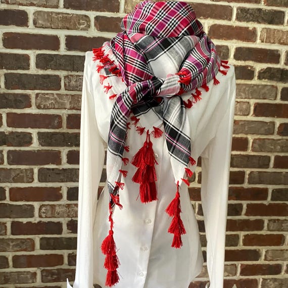 Vintage Cotton Tartan Scarf – Red Fringe Plaid Square Shawl, Pink Purple Black Bedouin Style Tassel Wrap