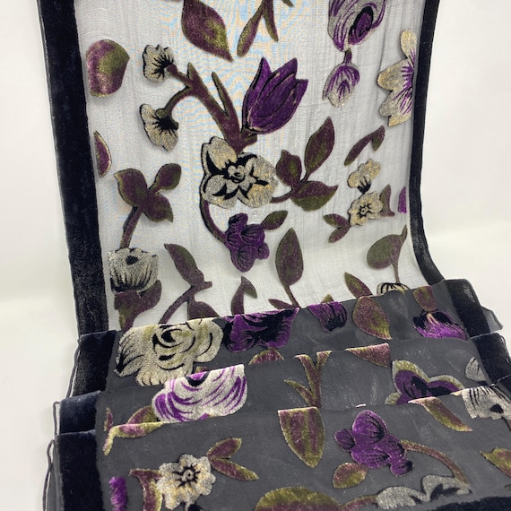 Vintage Art Deco Velvet Cutout Floral Scarf, Black, Purple and Green Scarf Sophisticated Style Silk Velvet Scarf