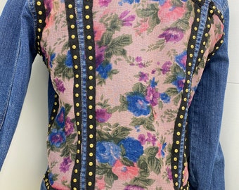 Upcycled Biker Jean Jacket: Floral Silk Scarf, Bronze Studs - Ralph Lauren Medium