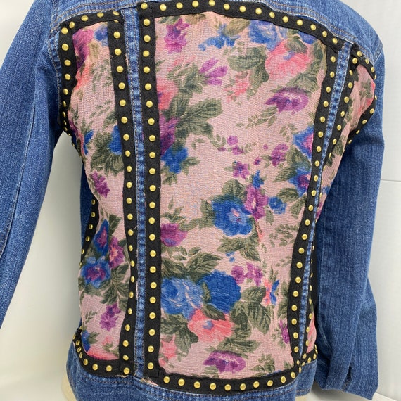 Embellished Biker Jean Jacket, Upcycled Floral Crinkled Silk Scarf with Bronze Studs on Black Trim, Hand Stitched Denim Jacket Medium