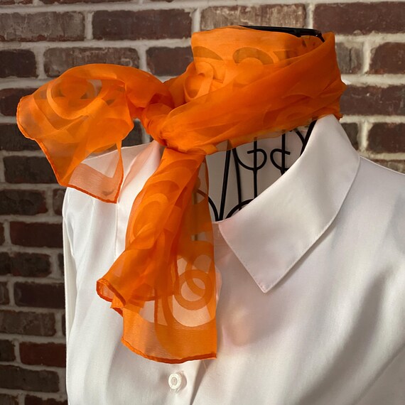 Vintage 70s Neon-Orange Mod Scarf – Psychedelic Geometric Cut Out Oblong Women’s Accessory, Retro Pop Art Wrap