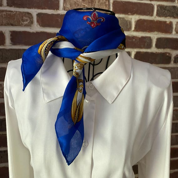 Luxurious Vintage Fleur-de-Lis French Style Scarf Cobalt Blue, White, and Black Equestrian Desi Design Square Scarf