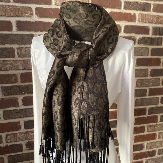 Vintage Haut Italian Fashion Cashmere Shawl Made in Florence Italy Luxurious Olive and Black Cheetah Print Reversible with Black Fringe