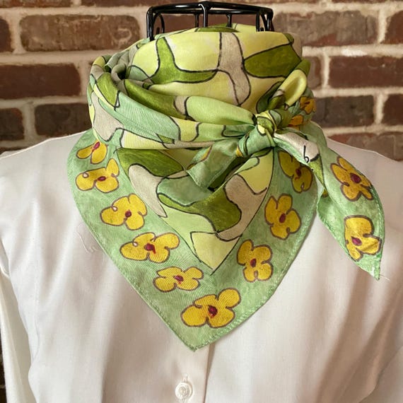 Chartreuse Puzzle Silk Twill Scarf, Abstract Oversized Floral Print Silk Scarf, Wearable Art Scarf By ElectrickInk Original Design Scarf