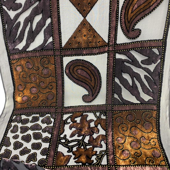 Vintage Art Deco Cutout Black Silk Velvet Scarf, Window Pane Textured Brown Design Scarf Velvet with Darting Design Evening Wear