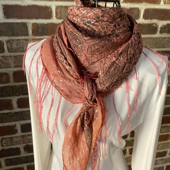 Vintage Gypsy Dusty Rose Shawl, Boho Style Shawl, Tribal Scarf, Square Wrap with Angle Hair Fringe, Pink, Black with Silver Thread